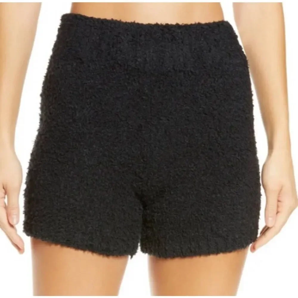 Skims Cozy Knit Teddy Shorts Sz L/XL Onyx Black Pull On High Rise Plush‎ Lounge